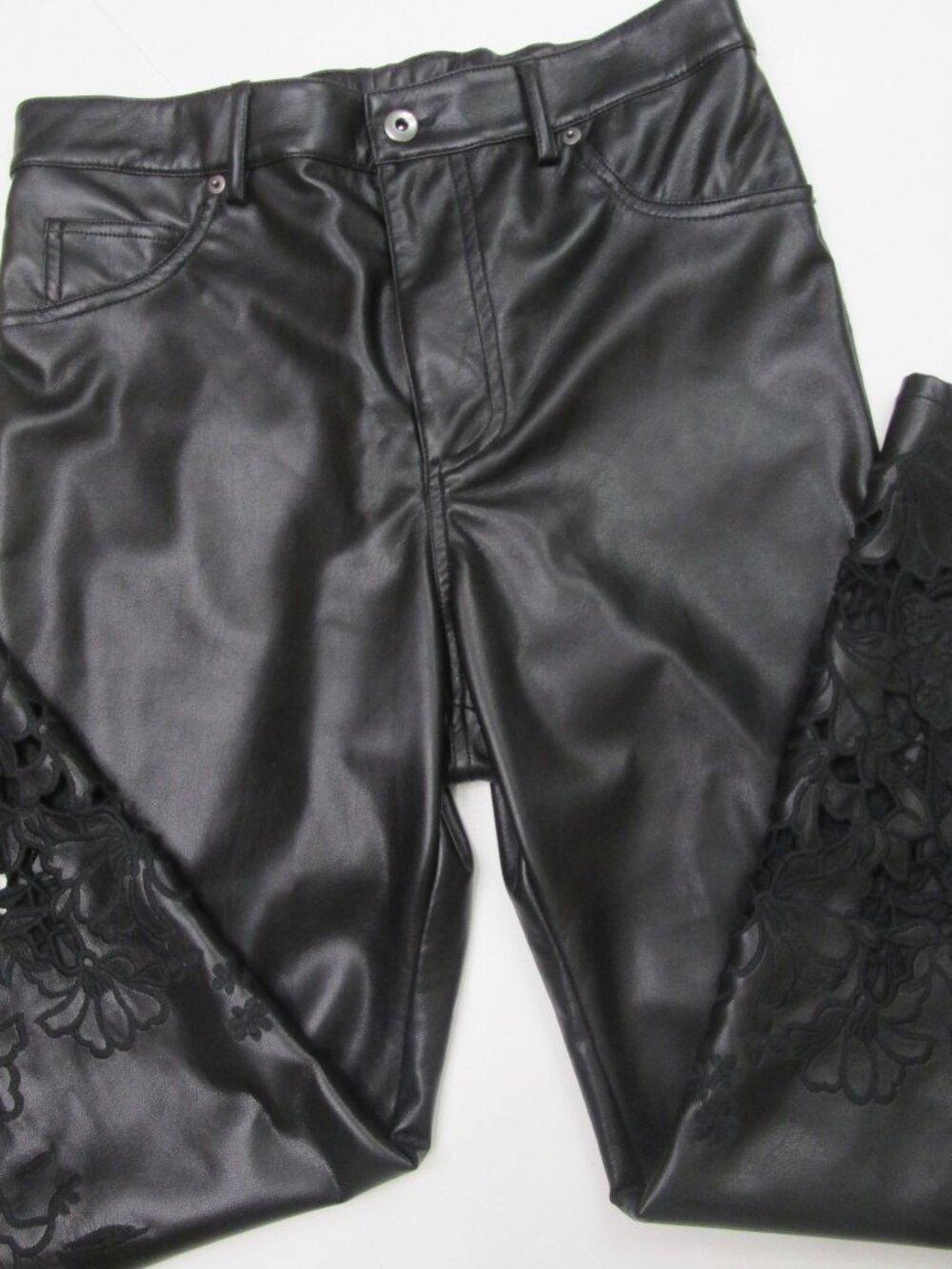 Embroidery Pull On Pants Elastic Waist Straight Leg Black Faux Leathe